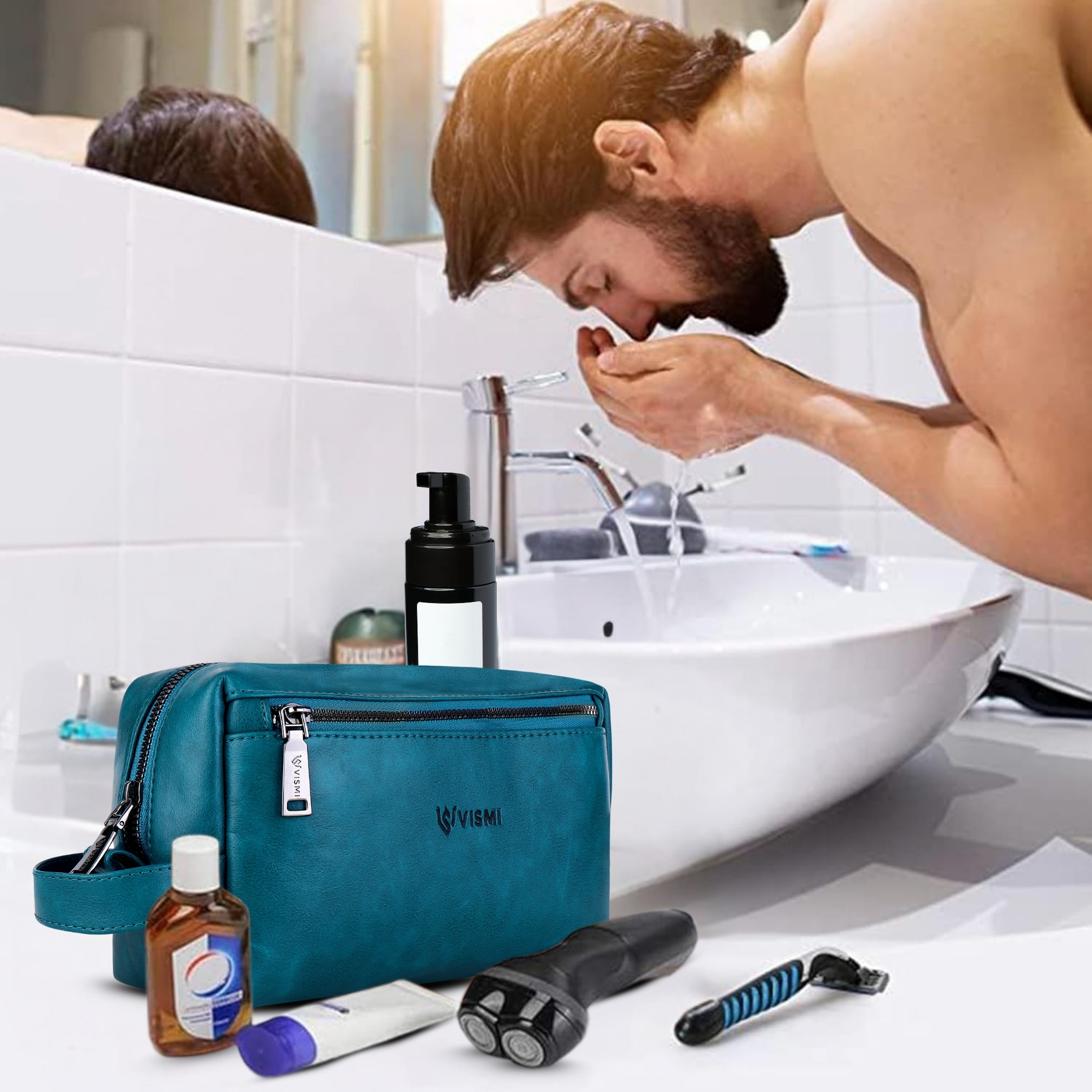 Men Toiletry Pouch | Pu Vegan Leather Travel Bag | Cosmetic Organizer | Water Resistant with Multi Compartment | Travel Organizer Bag