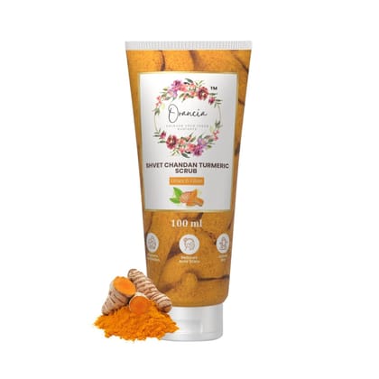 Orancia Shvet Chandan Turmeric Face Scrub For Glowing Skin | Gently Exfoliates, Smoothes & Improves Skin Tone | Removes Tan & Dead Skin | Tan Removal Face Scrub | Suitable for all skin types- 100Gm