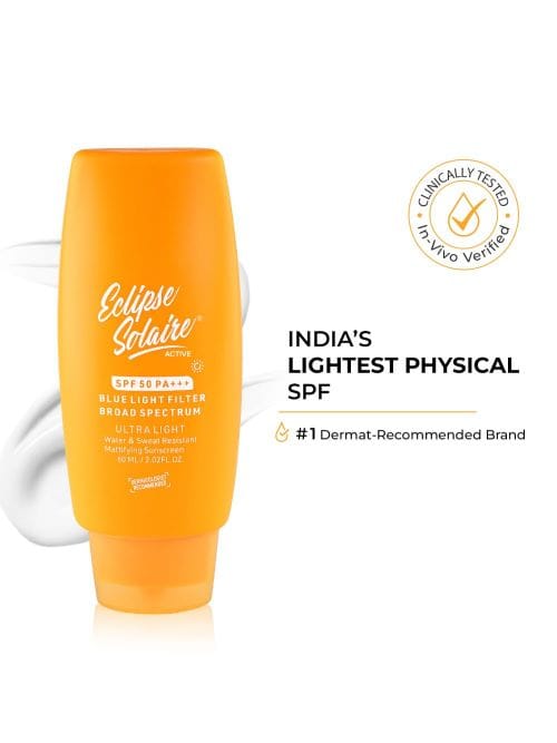 Eclipse Solaire Active Mattifying Sunscreen SPF 50 PA+++ | No White Cast | UVA/B, Blue Light Protection | Non-Greasy | All Skin Types|60Ml