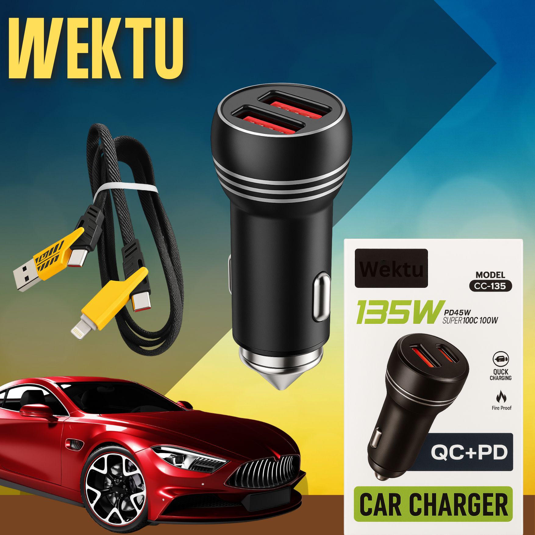 Wektu 45W QC+PD Super Fast Car Charger with Dual Ports - Model CC-135
