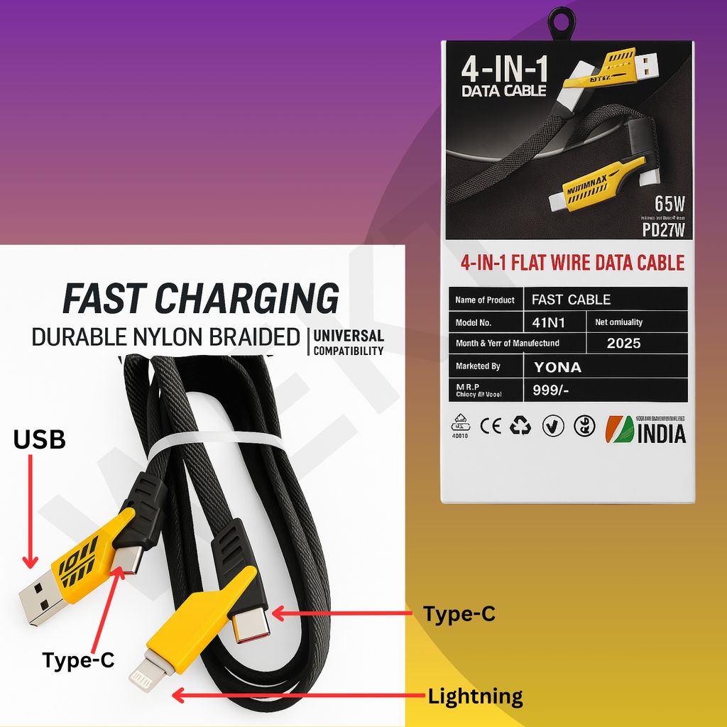 WEKTU 4-in-1 USB, Type-C, Lightning Multi Fast Charging Data Cable - 1.2M