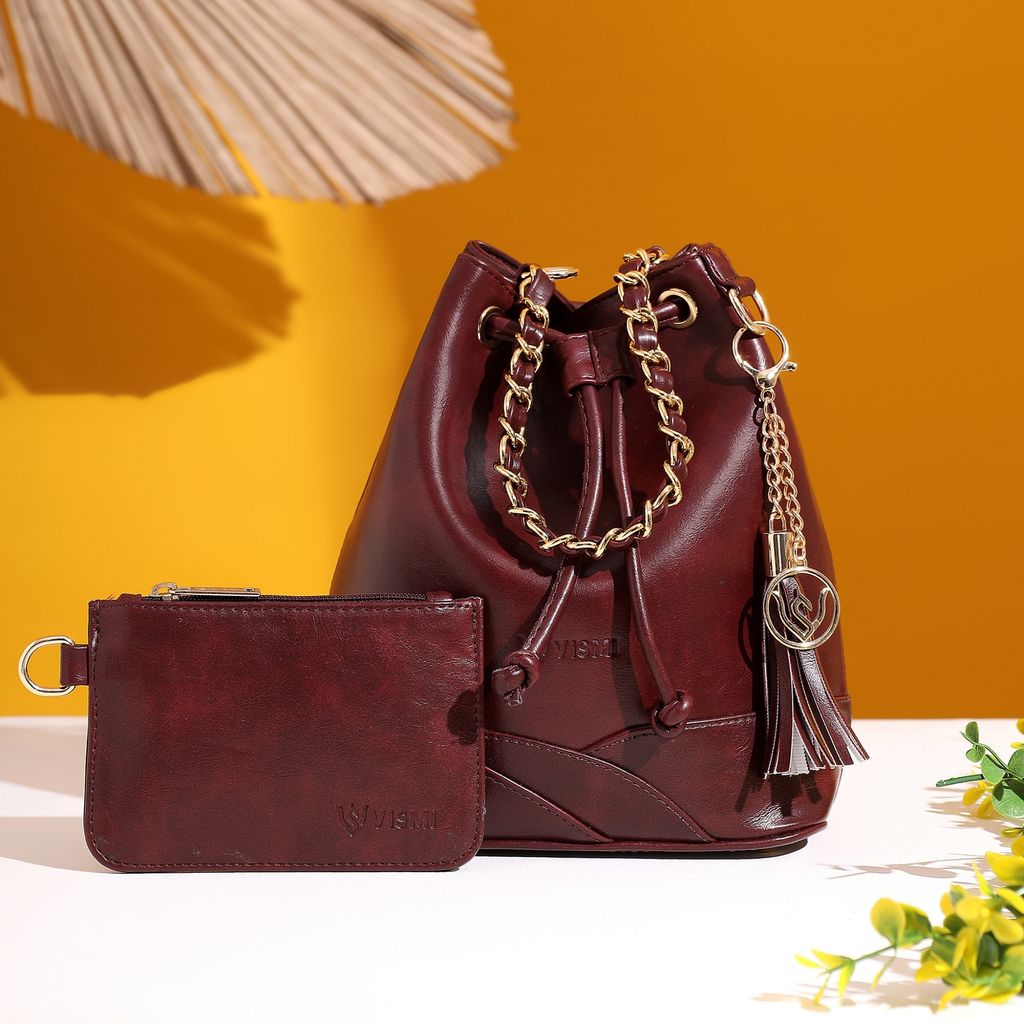 VISMIINTREND Stylish Bucket Bag for Women, Girls | Crossbody Detachable Strap Drawstring Closure Handbag | Pu Vegan Leather Handbag with Wallet & Purse