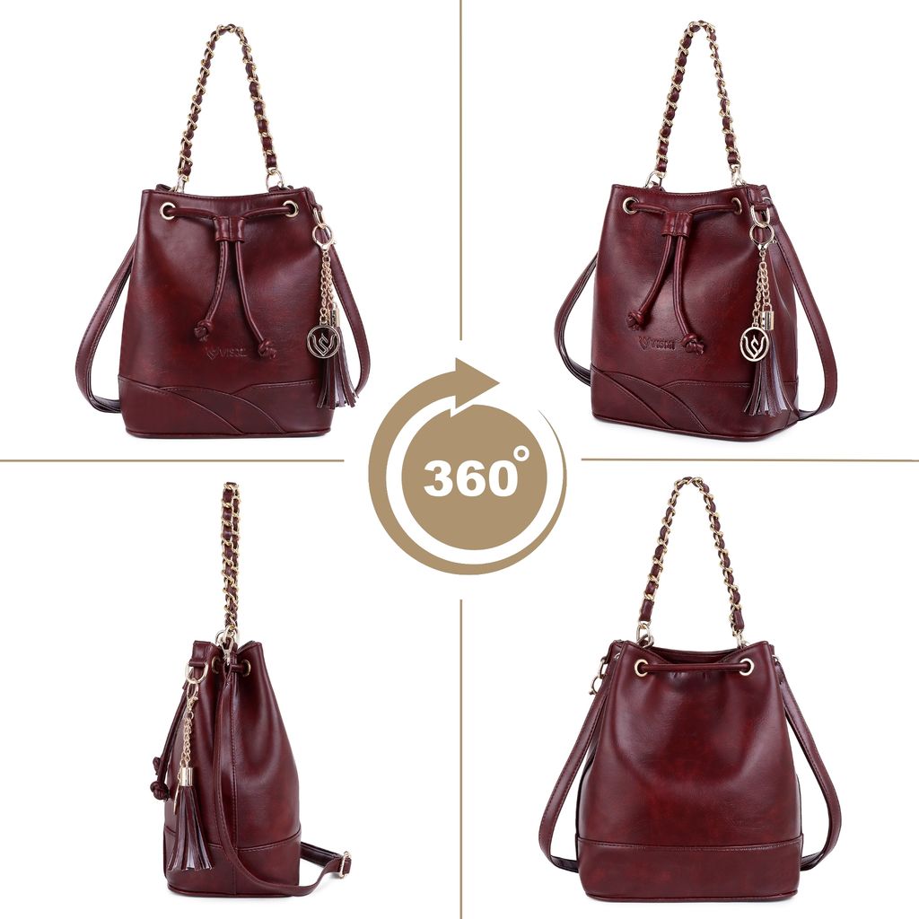 VISMIINTREND Stylish Bucket Bag for Women, Girls | Crossbody Detachable Strap Drawstring Closure Handbag | Pu Vegan Leather Handbag with Wallet & Purse