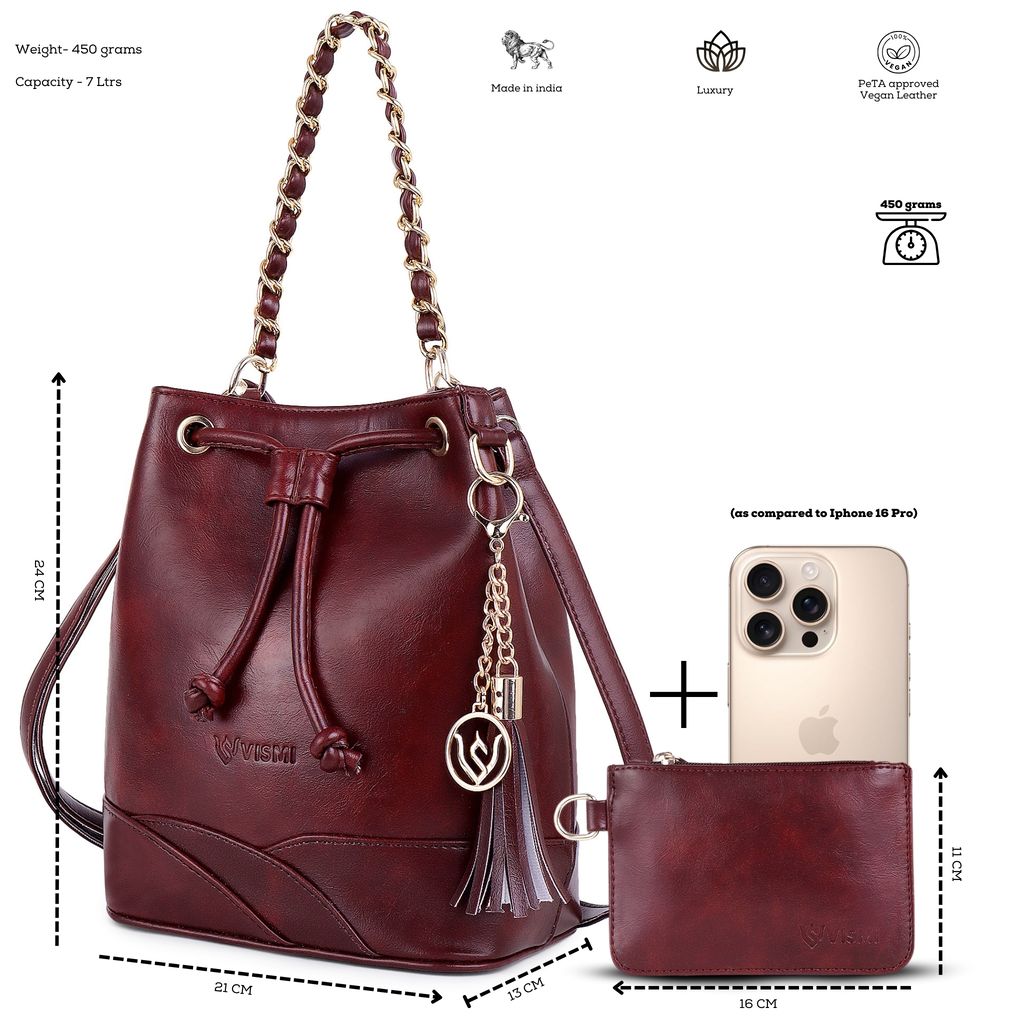 VISMIINTREND Stylish Bucket Bag for Women, Girls | Crossbody Detachable Strap Drawstring Closure Handbag | Pu Vegan Leather Handbag with Wallet & Purse
