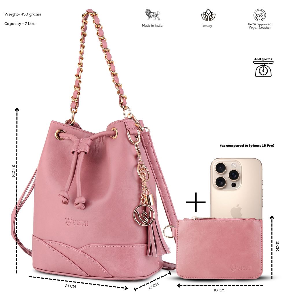 VISMIINTREND Stylish Bucket Bag for Women, Girls | Crossbody Detachable Strap Drawstring Closure Handbag | Pu Vegan Leather Handbag with Wallet & Purse