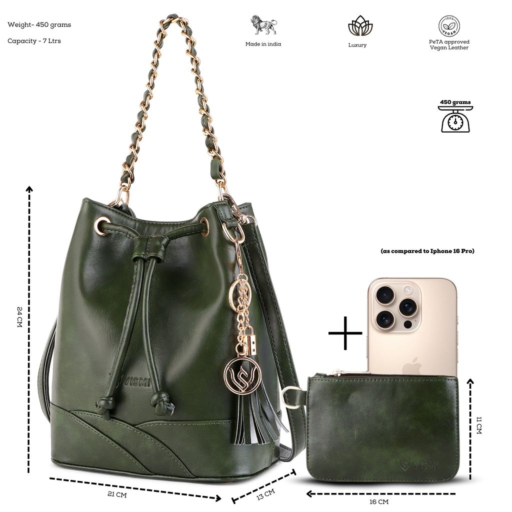 VISMIINTREND Stylish Bucket Bag for Women, Girls | Crossbody Detachable Strap Drawstring Closure Handbag | Pu Vegan Leather Handbag with Wallet & Purse