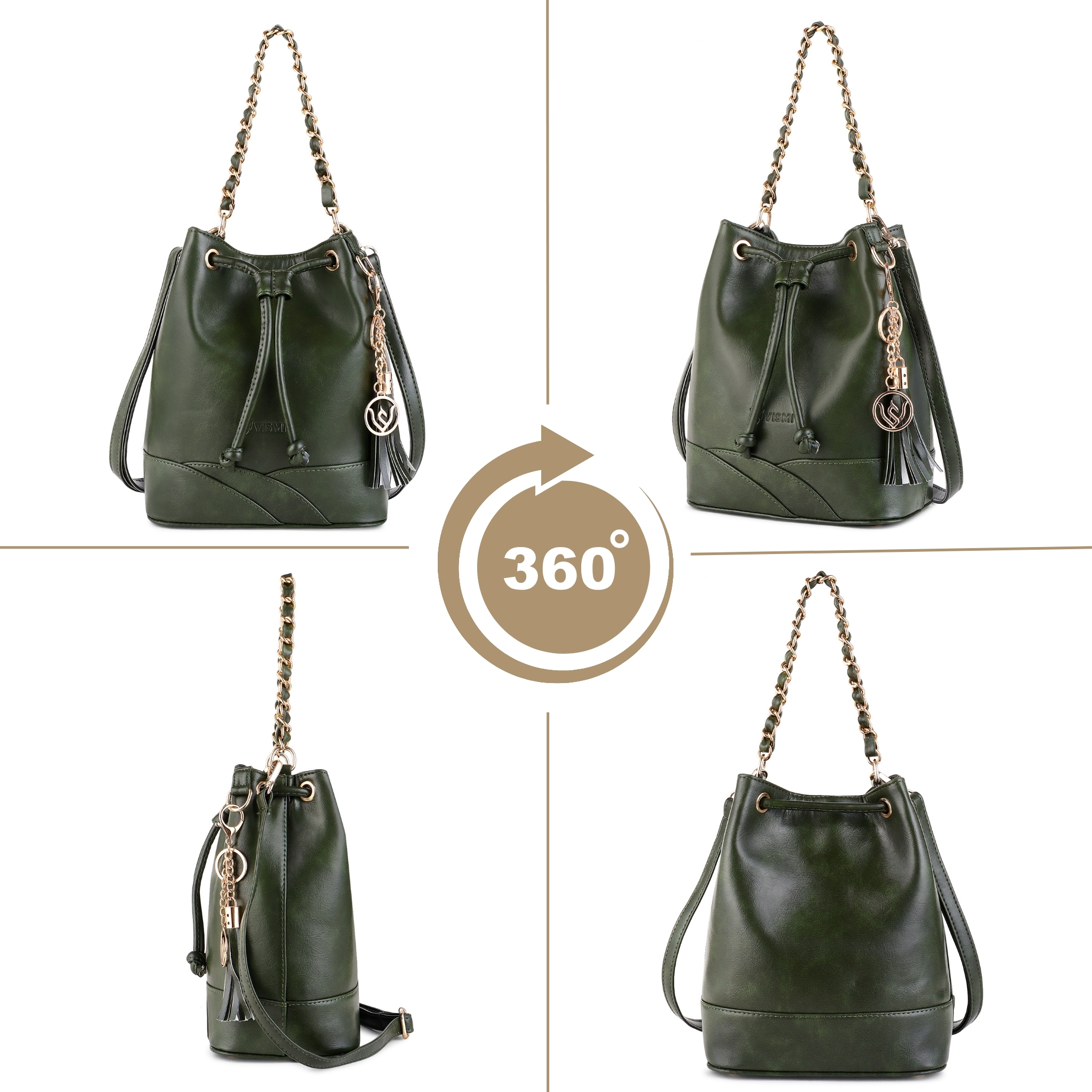 VISMIINTREND Stylish Bucket Bag for Women, Girls | Crossbody Detachable Strap Drawstring Closure Handbag | Pu Vegan Leather Handbag with Wallet & Purse