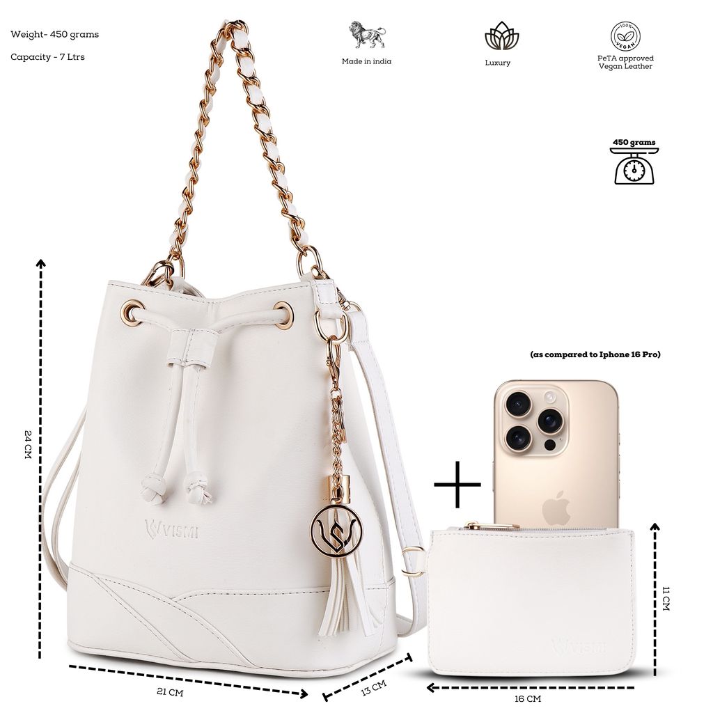 VISMIINTREND Stylish Bucket Bag for Women, Girls | Crossbody Detachable Strap Drawstring Closure Handbag | Pu Vegan Leather Handbag with Wallet & Purse
