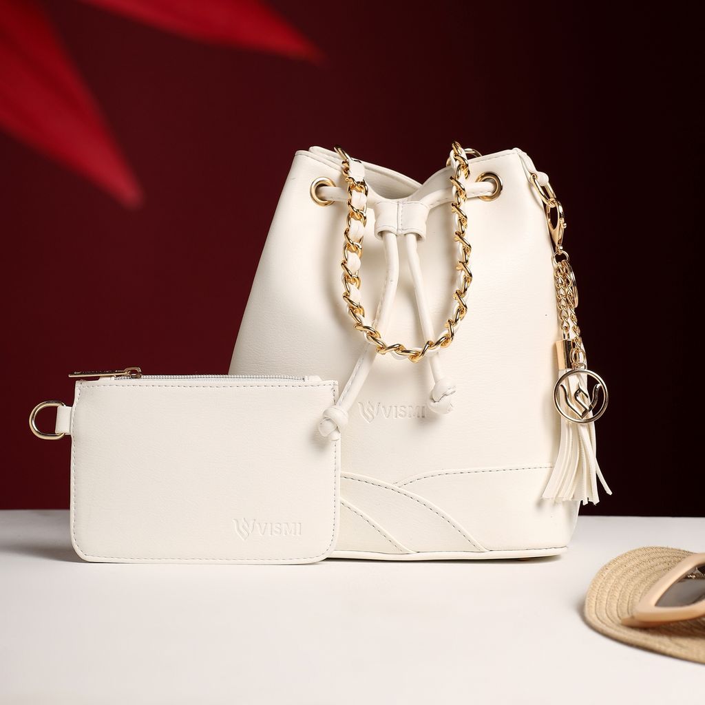 VISMIINTREND Stylish Bucket Bag for Women, Girls | Crossbody Detachable Strap Drawstring Closure Handbag | Pu Vegan Leather Handbag with Wallet & Purse