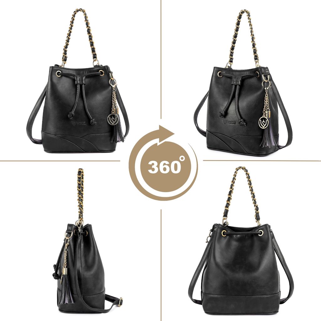 VISMIINTREND Stylish Bucket Bag for Women, Girls | Crossbody Detachable Strap Drawstring Closure Handbag | Pu Vegan Leather Handbag with Wallet & Purse