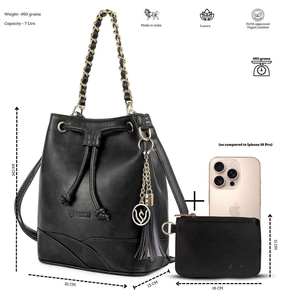 VISMIINTREND Stylish Bucket Bag for Women, Girls | Crossbody Detachable Strap Drawstring Closure Handbag | Pu Vegan Leather Handbag with Wallet & Purse