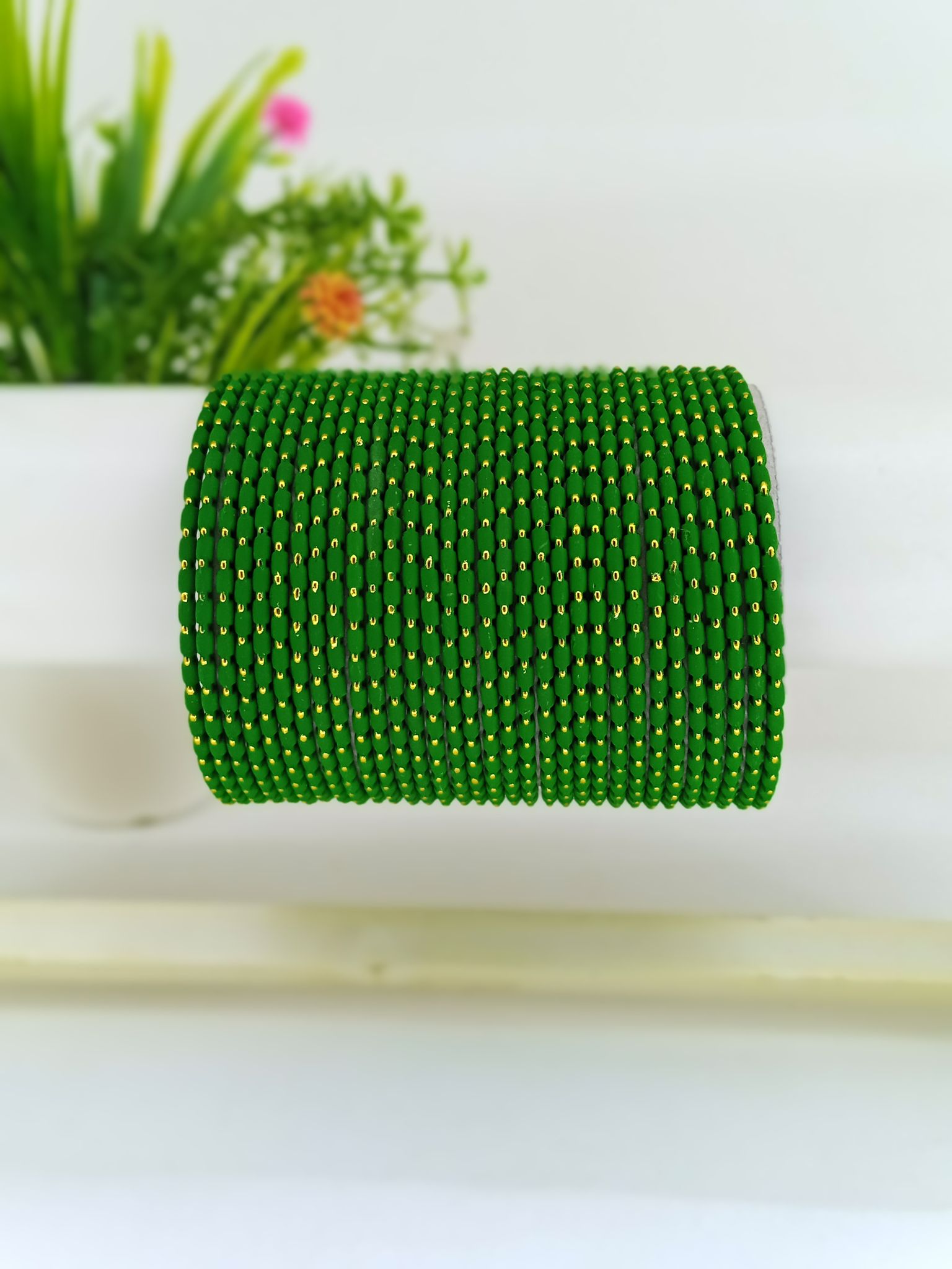 Metal Velvet Bangles "Green Dotted Set of 36" .