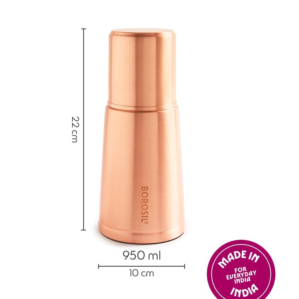 Borosil 950 ml Crest Copper Bottle | 100% Pure Copper, BPA Free & Leakproof with Anti-Oxidant Properties of Copper Bottle for Home, School & Office