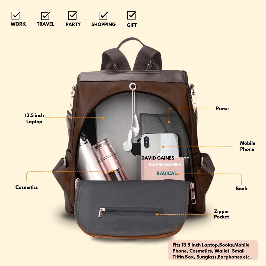 VISMIINTREND Women Backpack for Office Use Upto 13 Inch Laptop | Stylish Backpack Bag | Travel | School | College | Office Use | Anti Theft Convertible Backpack