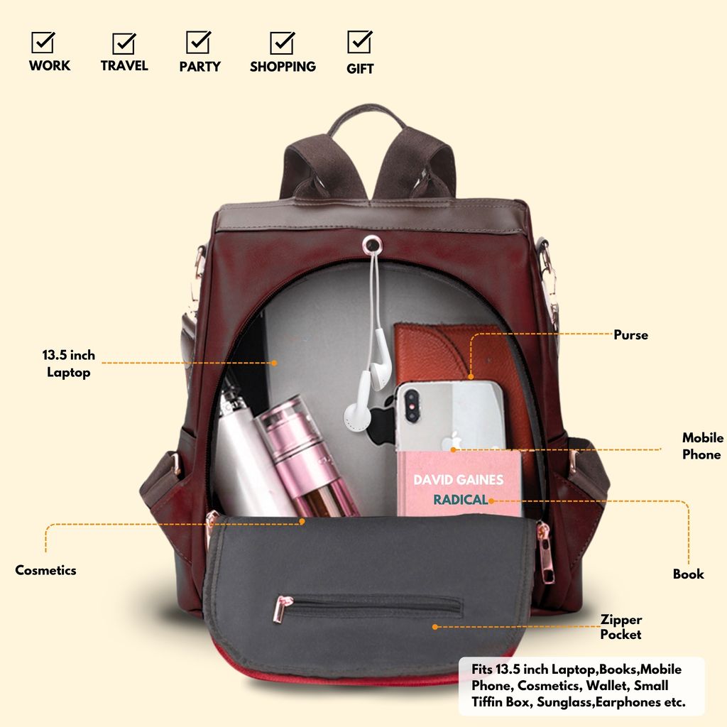 VISMIINTREND Women Backpack for Office Use Upto 13 Inch Laptop | Stylish Backpack Bag | Travel | School | College | Office Use | Anti Theft Convertible Backpack