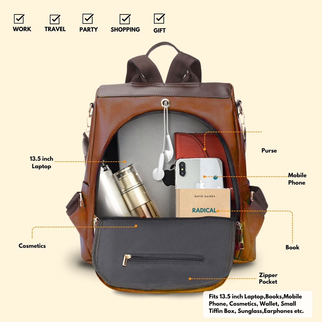 VISMIINTREND Women Backpack for Office Use Upto 13 Inch Laptop | Stylish Backpack Bag | Travel | School | College | Office Use | Anti Theft Convertible Backpack