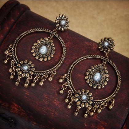 Antique Gold Plated Ethnic Earring with Pearl and Ghungroos-