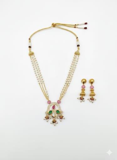 Elegant Multi-Strand Pearl Necklace & Jhumka Earring Set - Traditional Gold Tone Jewelry