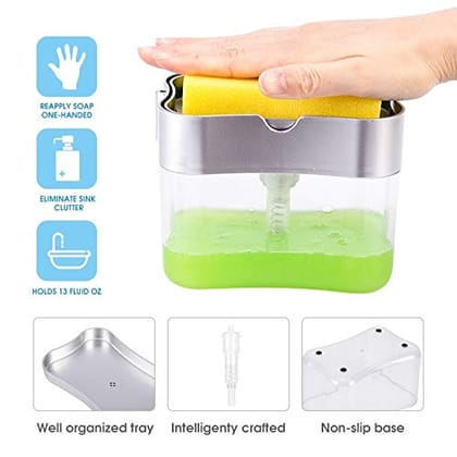 Kitchen Soap Dispenser with Sponge Holder Caddy - 2-in-1 Manual Pump for Dishwashing
