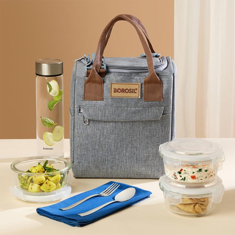 Borosil Pro Plus 7pc Borosilicate Glass Lunchbox | 3pc Set (400ml) + 1 (550ml) Glass Bottle + Fork & Spoon Set with Mat | Microwave & Dishwasher Safe | Transparent