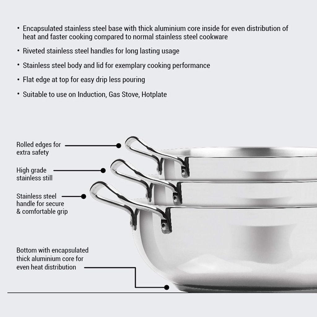 Milton Pro Cook Stainless Steel Kadhai with Lid, 20 cm / 1.8 Litre, Silver