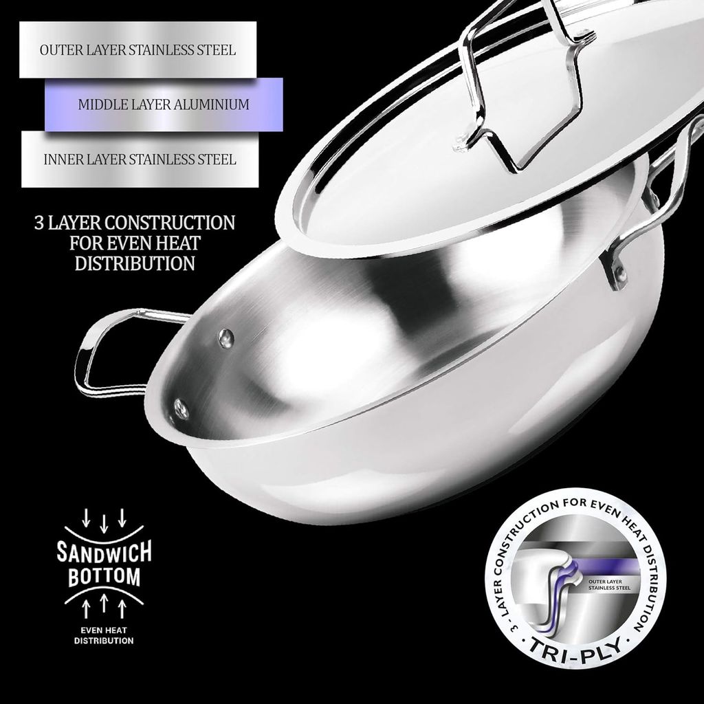 Milton Pro Cook Stainless Steel Kadhai with Lid, 20 cm / 1.8 Litre, Silver