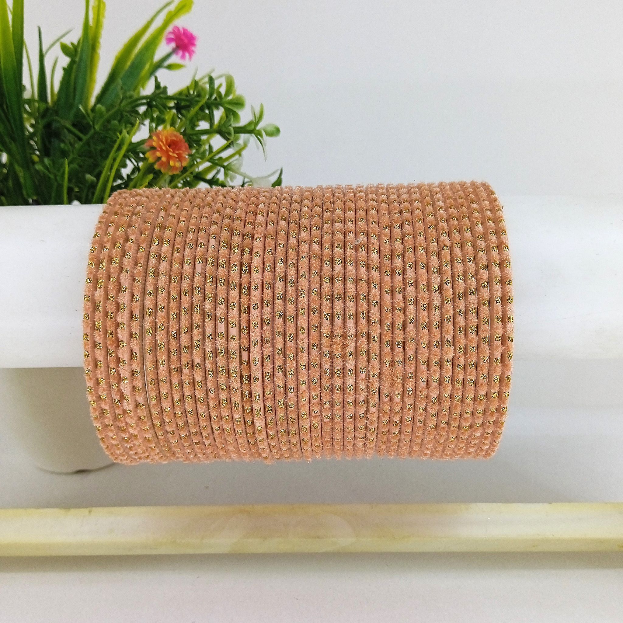 Metal Velvet Dotted Bangles "Peach Color Set of 36” 