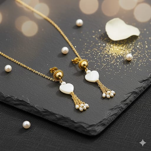 Chic Gold-Toned Heart Mother of Pearl & Pearl Tassel Dangle Earrings