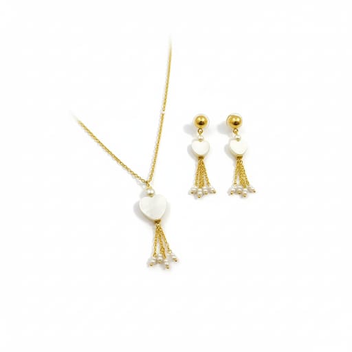 Chic Gold-Toned Heart Mother of Pearl & Pearl Tassel Dangle Earrings