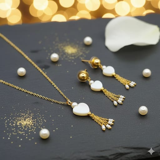 Chic Gold-Toned Heart Mother of Pearl & Pearl Tassel Dangle Earrings