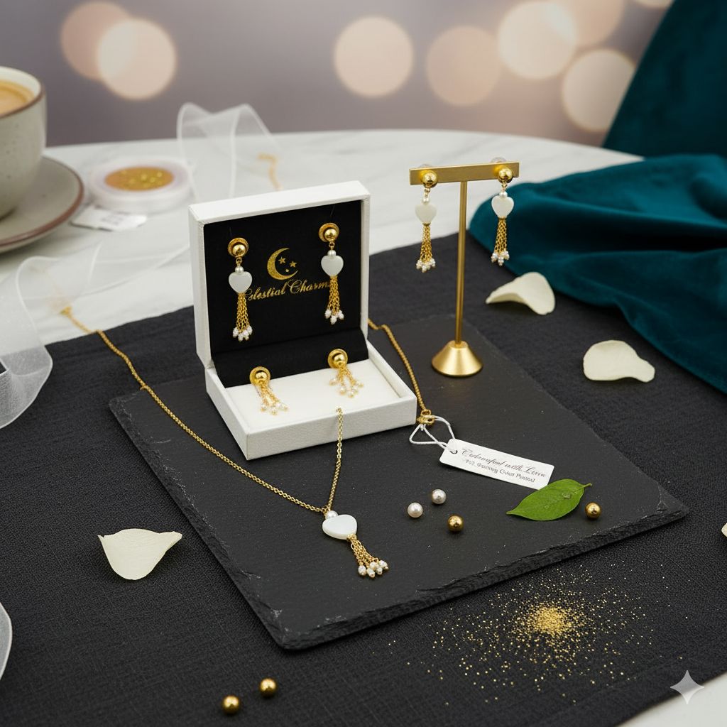 Chic Gold-Toned Heart Mother of Pearl & Pearl Tassel Dangle Earrings