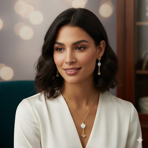 Chic Gold-Toned Heart Mother of Pearl & Pearl Tassel Dangle Earrings