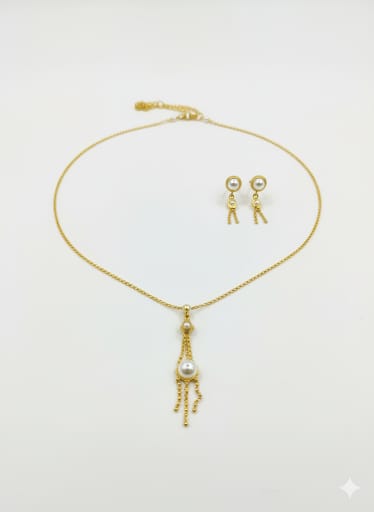 Elegant Gold-Toned Pearl Drop Necklace & Dangler Earring Set for Women