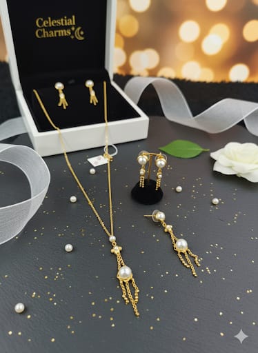 Elegant Gold-Toned Pearl Drop Necklace & Dangler Earring Set for Women