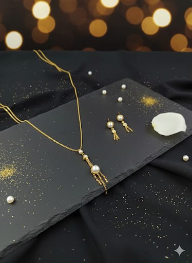 Elegant Gold-Toned Pearl Drop Necklace & Dangler Earring Set for Women