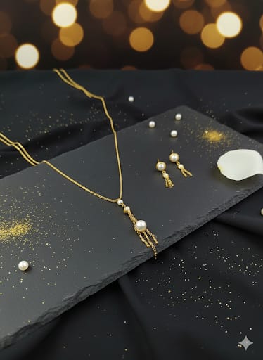 Elegant Gold-Toned Pearl Drop Necklace & Dangler Earring Set for Women