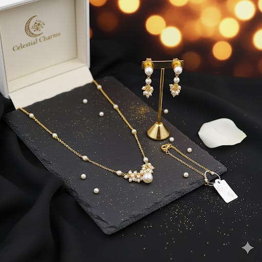 Elegant Gold-Toned Pearl Necklace & Earring Set for Women