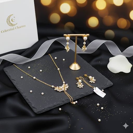 Elegant Gold-Toned Pearl Necklace & Earring Set for Women