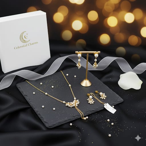 Elegant Gold-Toned Pearl Necklace & Earring Set for Women