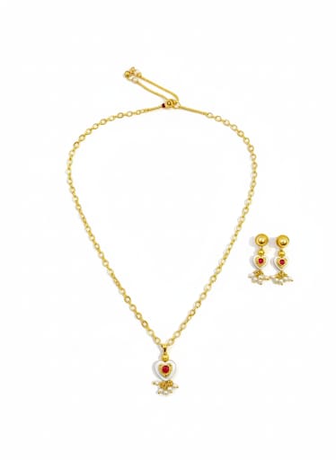 Elegant Gold-Toned Heart Pendant Necklace & Ruby Pearl Drop Earrings Set for Women
