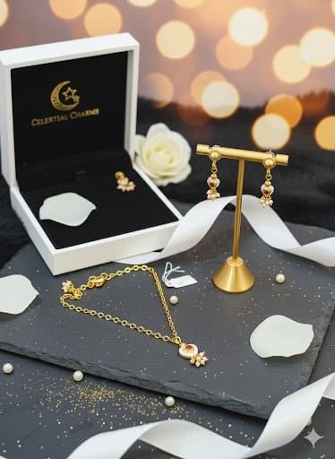 Elegant Gold-Toned Heart Pendant Necklace & Ruby Pearl Drop Earrings Set for Women