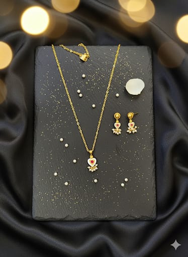 Elegant Gold-Toned Heart Pendant Necklace & Ruby Pearl Drop Earrings Set for Women