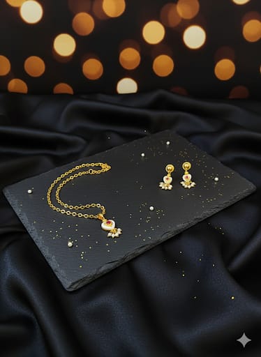 Elegant Gold-Toned Heart Pendant Necklace & Ruby Pearl Drop Earrings Set for Women