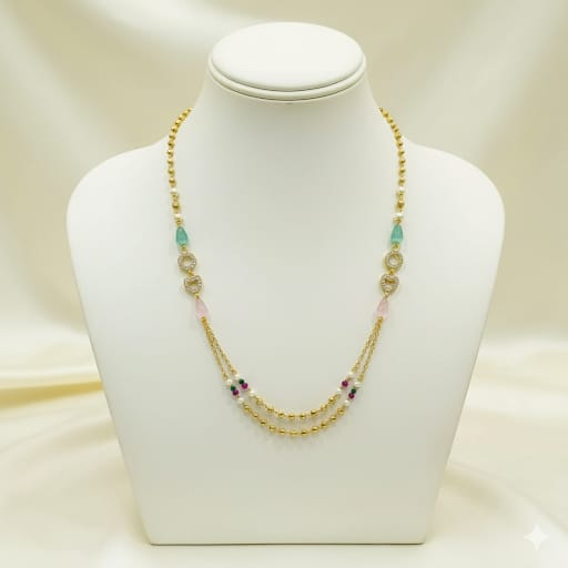 Elegant Gold Beaded Necklace with Multi-Color Gemstone & CZ Accents
