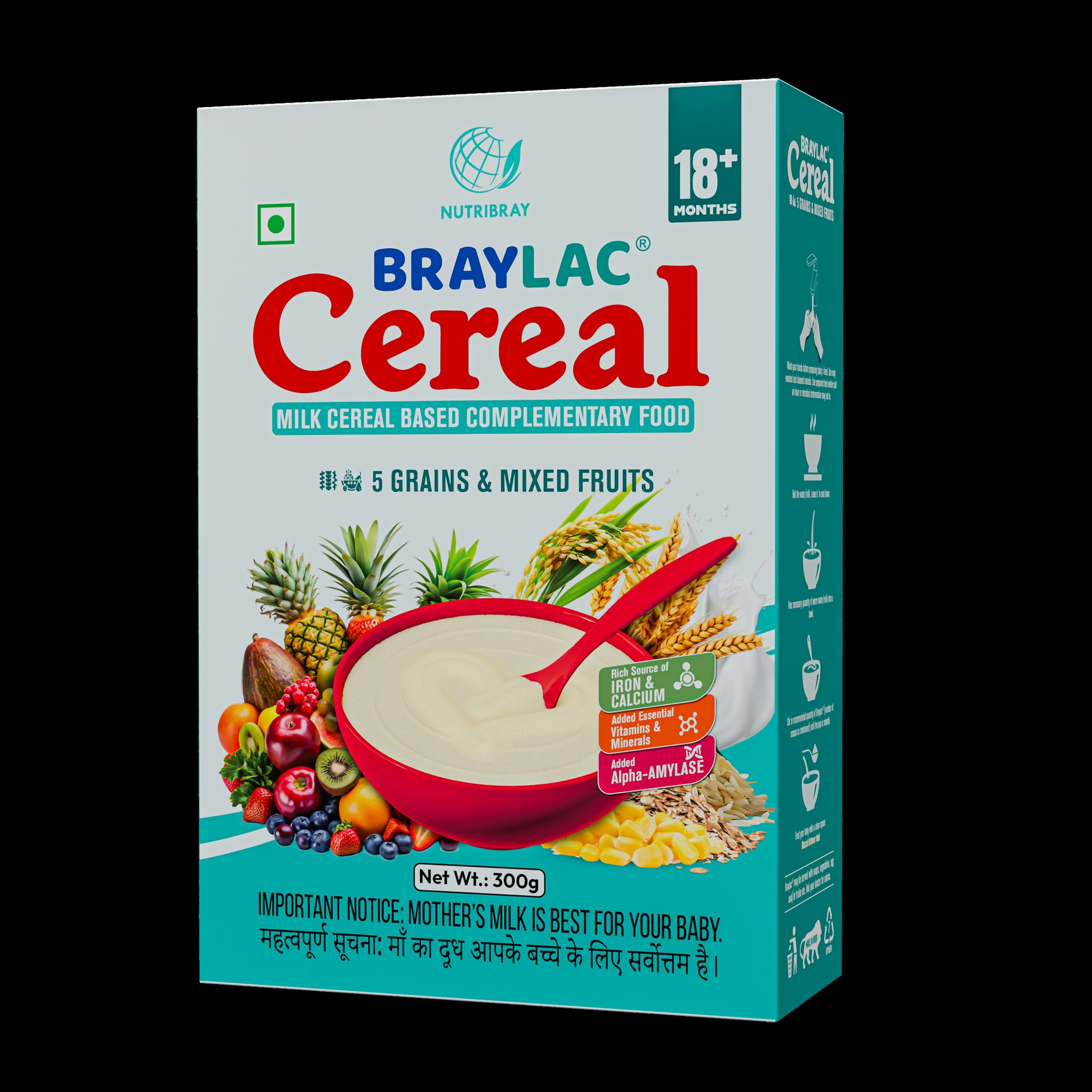 Braylac Cereal Powder 5 Grains & Mixed Fruits from 18 to 24 Months | 300 g | Bag in Box