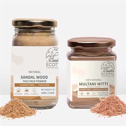 Ecotyl Face Pack Combo - Sandalwood Powder and Multani Mitti | Duo for Skin Brightening and Glow | 100g + 150g 