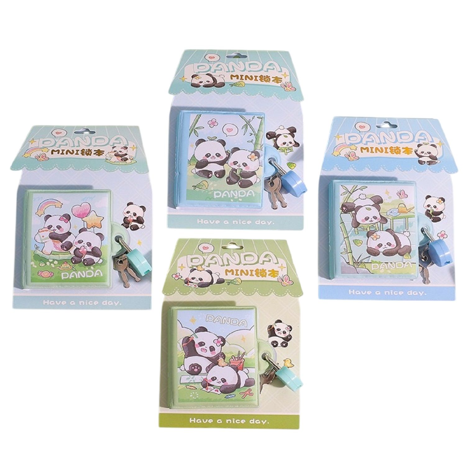 KTRS Enterprise Happy Panda Mini Lock Book Waterproof Pu Material Cover Heart-Shaped Lock Hand Account Full Color Message Note Paper 4 pic Set