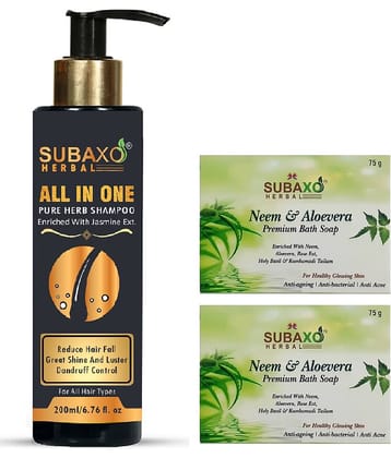 All In One Herbal Shampoo |Anti Hair Fall Shampoo & Control Dandruff 200 Ml & Neem/Aloevera Soap 2 Pc Each, Combo Pack