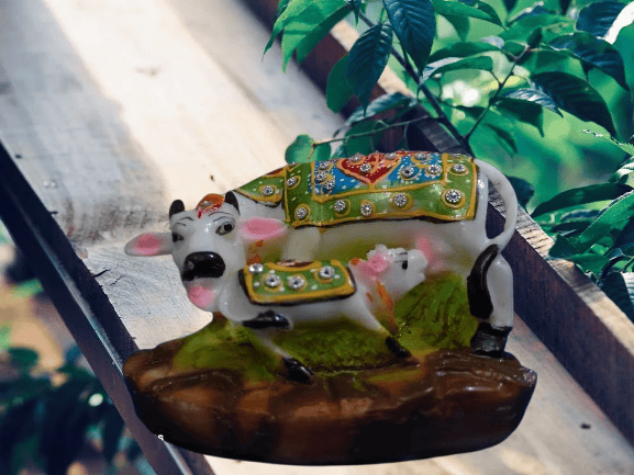 Handcrafted Kamdhenu Cow & Calf Idol with Kundan Work - Home Decor & Gifting