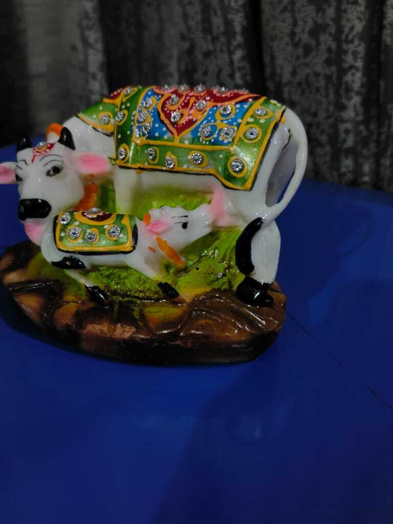 Handcrafted Kamdhenu Cow & Calf Idol with Kundan Work - Home Decor & Gifting
